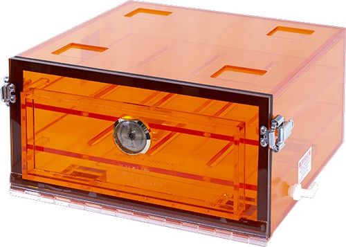 Plas Labs 860 Desiccator, Amber "Jeweled” Acrylic (12"x12"x6") w/ 2 Shelves